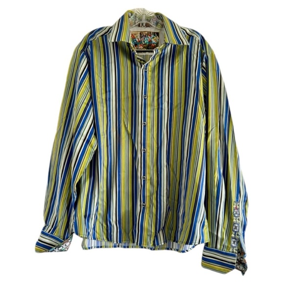 ROBERT GRAHAM Men Lime GreenBlackBlue Striped ButtonUp Cotton Silk Like Shirt-LG - Picture 1 of 11